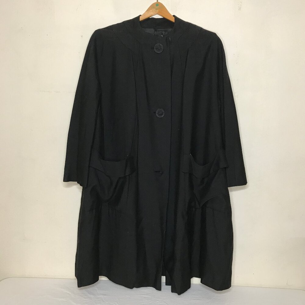 Vintage 1950's Classic Black Matte Finish Evening Coat With Pockets